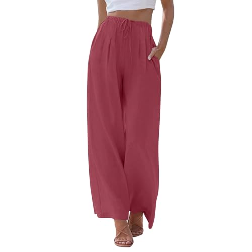 Cotton Linen Pants Women High Waisted Flowy Pant Wide Leg Pants Beach Palazzo Trousers with Pockets Summer Bottoms