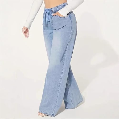 Women's Drawstring Wide Leg Jeans High Waisted Loose Fit Denim Pants3