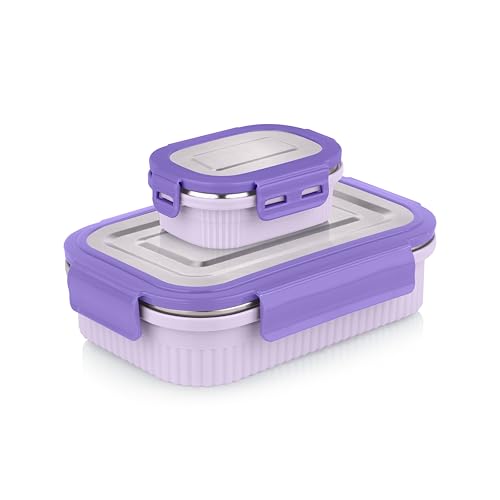 Image of ATTRO Micro Smart Stainless Steel Lunch Box with Inner Steel Body, Microwave Safe Without Lid, Airtight Leakproof with Small Container for Office, School Kids & Outdoor Use - 800ml+180ml-Purple
