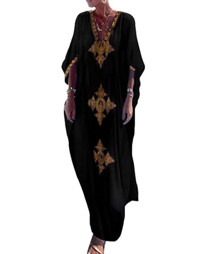 Bsubseach Gold Embroidery Long Kaftan Dresses V Neck Caftan Dress Beach Cover Ups for Women Embroidery