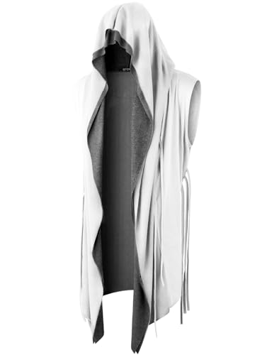 GIVON Men's Long Hooded Cardigan with Cinched Waist Strap Layered Design Sleeveless Cut Off Dark Gothic Style
