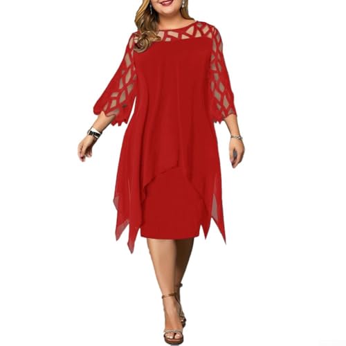 Robe de soirée élégante pour femme style monochrome avec manches 3/4 bordées de dentelle et détails ajourés et mousseline légère (3XL rouge)