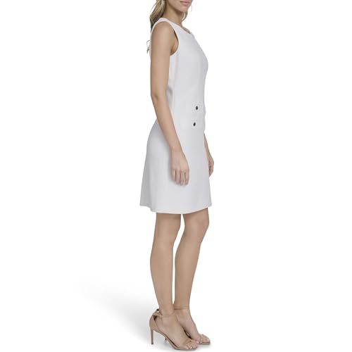 Image of Tommy Hilfiger Women's Sleeveless Jewel Neck Novelty Button Tweed Mini Sheath Dress