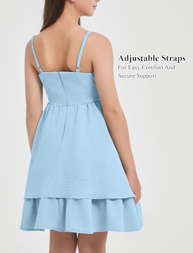 EXARUS Girls Dress Teen Ruched Layered Ruffle Swing Flowy Spaghetti Strap Valentine Summer Easter Tween Dresses 8-14Y - Image 5
