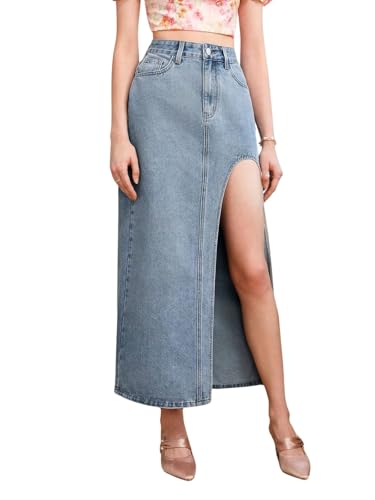 Image of GRECIILOOKS Women's High Waist Denim Skirt with Front Slit - Long Maxi Jean Skirt Casual Fashion - Stylish Denim Skirts for Women