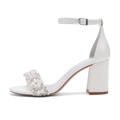 Image of Pearl Wedding Shoes for Bride Block Heel Wedding Sandals Open Toe Bridal Heels