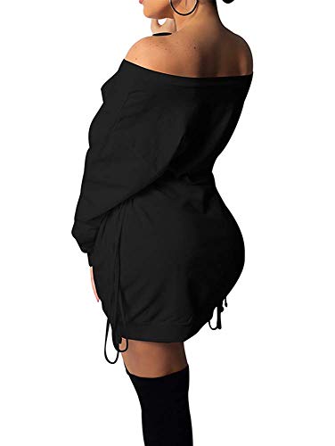 GOKATOSAU Women's Sexy Casual Off Shoulder Long Sleeve Lace Up Loose Club Mini Dress2