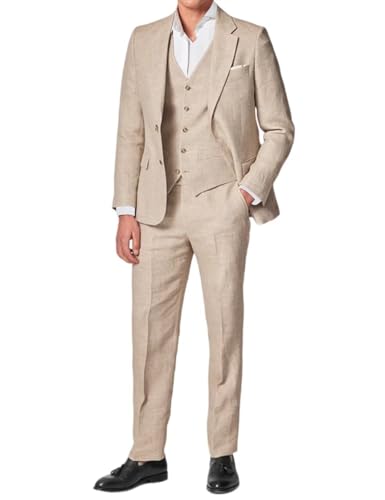 3 Piece Summer Linen Suits for Men, Men's Slim Fit Suit Set Two Buttons Casual Solid Blazers Vest Pants Set for Wedding Party4