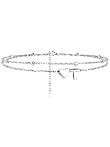 Image of ChicSilver Sterling Silver Anklets for Women Hypoallergenic Womens Ankle Bracelets for Women Layered Heart Anklet With Initials Womens Anklets Jewelry for Mom Wife
