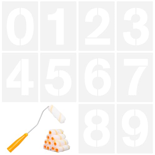 Pilikoll 10 Piezas 30cm Plantillas de Números Grandes Placa de Números de Plástico Con mini rodillo de pintura Reutilizables Plástico Plantillas Números De Casa De 0 al 9 Para Pintura,Graffiti,Pared