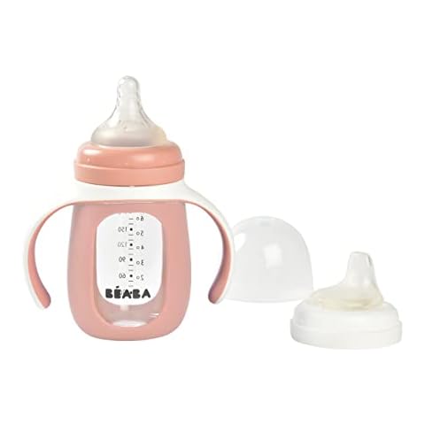 BEABA 2-in-1 Glass Baby Bottle to Glass Training Sippy Cup, Learning Cup, Baby Bottle with Soft Silicone Nipple and Sippy Spout, Baby, Toddler 7 oz (Rose) Cover