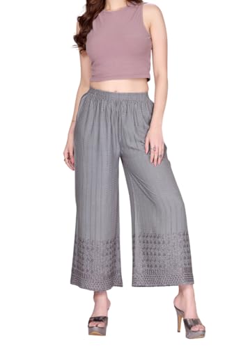 Image of VIVIKA Chikankari Palazzo Pants for Women |Rayon Wide Leg Ethnic Palazo with Embroidery | Comfortable Elastic Waist Women's Palazzo for Casual, Festive & Office Wear