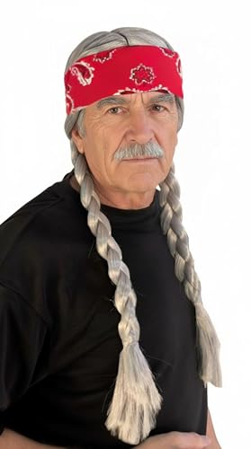 HandinHandCreations Hippie Willie Wig Cowboy Country Braids Wig USA Bandana - One Size Fits Adult (Silver)