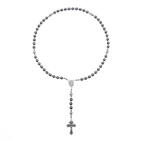 Image of Nazareth Store Hematite Rosary Black Stone Beads Necklace Metal Beaded Silver-Plated Medal & Cross for Men NS