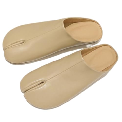 Tabi Shoes Leather Split Toe Cute Slip On For Women Girls - Retro Trendy Casual Slippers Comfortable Walking Lightweight Loafers Female Solid All-Match for Daily Wear Beach Travel Standing All Day (Beige,7)