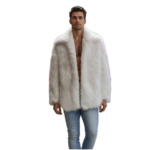 Colf Men's Winter Parka Coat Long Sleeve Turn Collar Faux Fur Coat Jacket Overcoat (White,Large)
