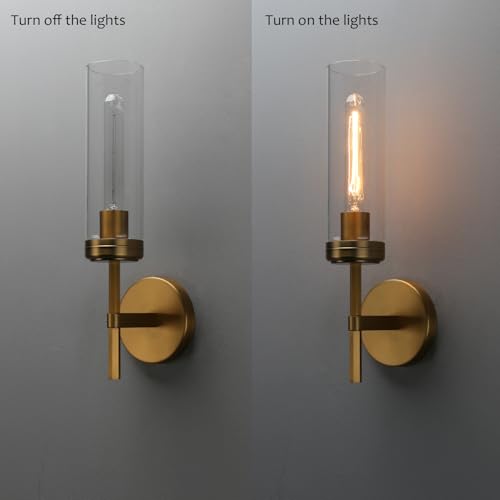 Image of Pathson 1-Light Vintage Wall Sconce Lamp, Hardwired Aluminum Wall Sconce with Tube Cylinder Glass, Mid-Century Wall Vanity Light Fixture Decor for Living Room Bedroom (Brass Gold 1-Pack)