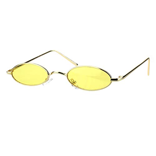 Thin Skinny Oval Sunglasses Gold Metal Small Frame Wide Bridge Low Fit UV 400