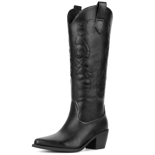Platikly Black Cowboy Boots for Women - Embroidered Western Cowgirl Boots, Wide Calf Knee High Tall Footwear, Almond Pointed Toe Chunky Heel Pull On Zipper Classic Retro Country Style US 8