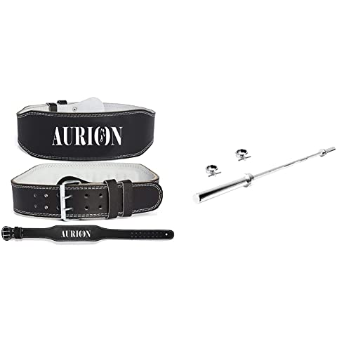 Image of Aurion Genuine Leather Weight Lifting Belt Body Fitness Gym Back Support Power Lifting Belt (Medium)+AURION 6 FEET 26 MM Thickness Solid Chrome Barbell Bar