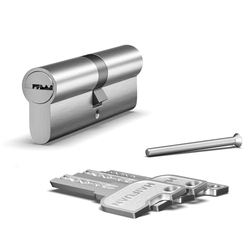 HENYIN 1 pièce de cylindre à noyau en laiton Euro 45/45 mm, clé double face avec 3 clés en laiton, anti-crochetage, anti-perçage, anti-claquement, anti-choc, couleur nickel brossé (K-90-NB)