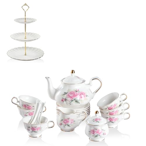 Sweejar Porcelain Tea Set, Vintage British Floral Relief Gold Rimmed