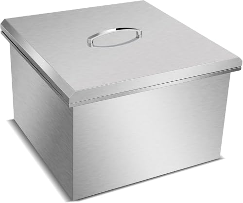 Drop in Ice Chest, Outdoor 304 Stainless Steel Built-in Ice Bucket, Ice Bin Cooler with Cover Including Drain-Pipe & Drain Plug Lid for Cold Wine Beer,20.5''L X 20.5''W X 13''H