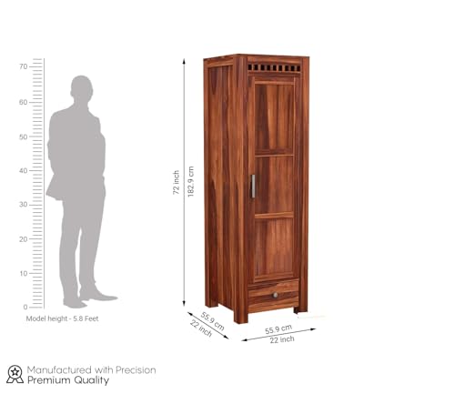 Image of Sheesham Wood Wooden Single Door Wardrobe Organizer for Clothes | - Solid Wood Almirah with 1 Drawers, 4 Shelves - Cupboard for Large Bedroom, Natural Finish