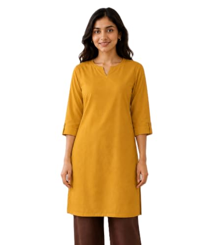 Image of Women's Rayon Solid Straight Kurti | 3 /4 Sleeve | Round Neck with V Cut | Regular Fit | Casual Office Wear Kurta for Women