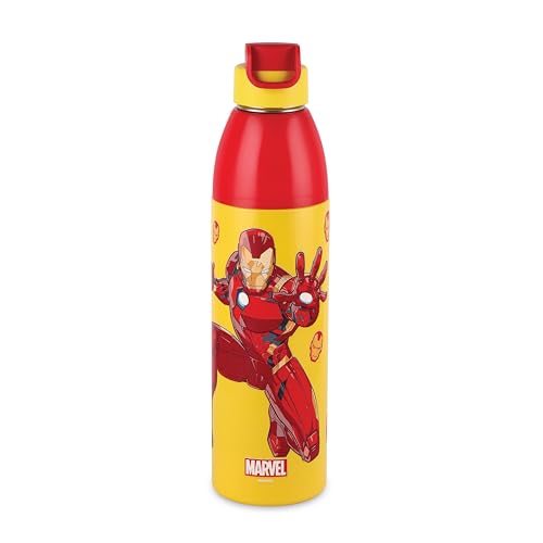 Image of CELLO Kidzbee Uranus 900 Insulated Kids Water Bottle 680 ml, Yellow | 3D Touch & Feel Iron Man Design Easy One Hand Grip Lightweight Leakproof Easy Sip Flip Cap Insulated Water Bottle For School Kids