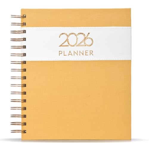 Comma Wire-O Planner 2026 Gift Set | A5 Size New Year Diary, DIY Pen Stand, Pen and Sticky Notes | Budget & Mood Tracker, Birthdays, Shopping & Reading Lists and Travel Planner | Fabric Cover Material - Yellow