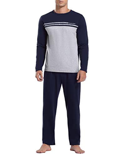Schlafanzug Herren Lang, Schlafanzüge Männer aus Baumwolle Zweiteiliger Pyjama Set Winter Nachtwäsche für Herren Blau M Cover