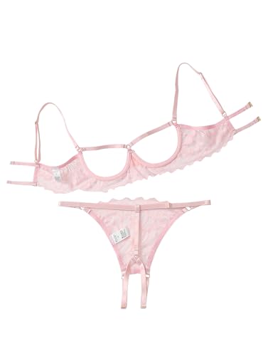 Image of Lilosy Sexy Underwire Floral Lace Sheer Lingerie Set for Women See Through Bra and Panty 2 Piece