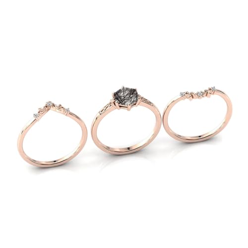 Natural Hexagon Black Rutilated Quartz Engagement Ring Set 925 Sterling Silver Rings for Her with Free Engraving Jewelry Gift for Women Black Rutilated Quartz Vintage Ring Set Size 4-15 -83