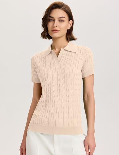 Image of Micoson Womens Short Sleeve Sweater Tops Lapel V Neck Polo Shirts 2026 Summer Cable Knit Loose Blouse Business Casual Outfits