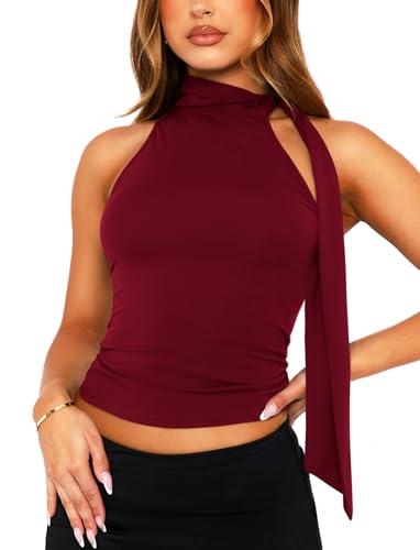 OZICERD Off Shoulder Halter Mock Neck Going Out Tops for Women Cute Club Rave Top Bow Tie Sleeveless Crop Tank Top with Scarf Burgundy Red S