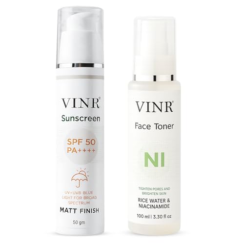 Image of VINR Niacinamide Rice Water Face Toner & Oil-Balance Matte Sunscreen SPF 50 PA+++ | Brightening & UV Shield Combo | Pore-Refining Toner for Daily Use | Clean & Dermatologist-Tested Skincare