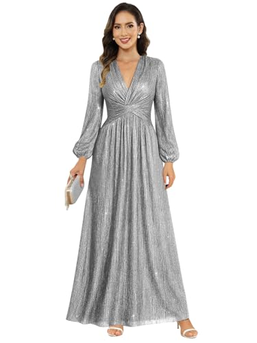 Image of Djqpi Women's Glitter V Neck A-Line Formal Wedding Guest Dresses Long Lantern Sleeves Floor Length Evening Gowns