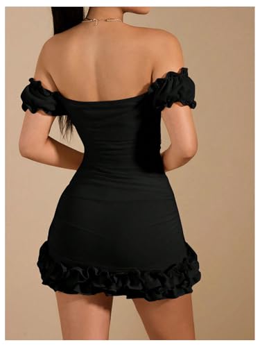 WDIRARA Women's Off Shoulder Puff Sleeve Ruffle Bodycon Dress Cocktail Party Mini Dress2