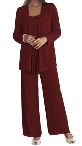 3 Pieces Dressy Pant Suits for Wedding Guest Chiffon Lace Mother of The Bride Pantsuits with Jackets4