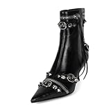 XYD Women's Ankle Boots Ultra Fashion Pointed Toe Kitten Low Heels Zipped Rivets Studded Short Booties Event Club Shoes (Size 9, Black)