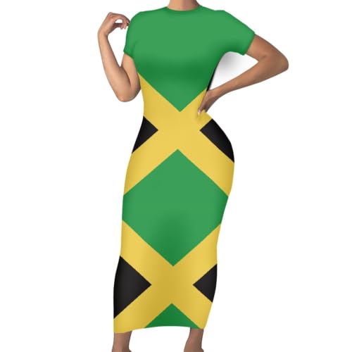 Image of Womens Short Sleeve Jamaican Flag Midi Bodycon Dress | Soft stretchy fabric,crew neck,jamaican print casual date night cocktail party, elegant chic, spring summer fall all season
