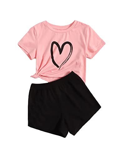 Image of OYOANGLE Girl's 2 Pieces Outfits Heart Print Round Neck Short Sleeve Tee Top and Shorts Set