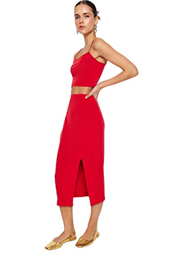 TRENDYOL Damen Strick-Set, Zweiteilig, Einfarbig Hemd, hellrot, 36