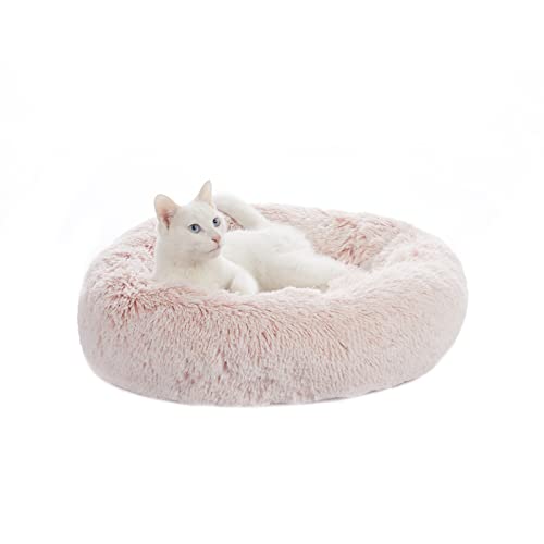 Image of Bedfolks Calming Donut Dog Bed Cat Bed, 23 Inches Round Fluffy Dog Beds for Small Dogs, Machine Washable Anti-Anxiety Plush Puppy Bed(Pink, Small)