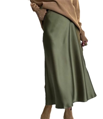 Women's Long Satin Skirt Midi Elegant High Waist Autumn Office A-Line Solid Vintage Silk Skirt