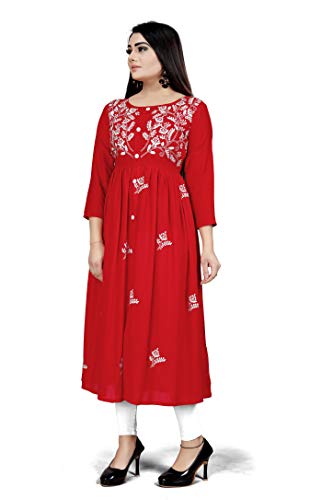 Image of Women's Rayon Flared Embroidery Kurti Under 599 Designer Attractive Look Women's Kurta