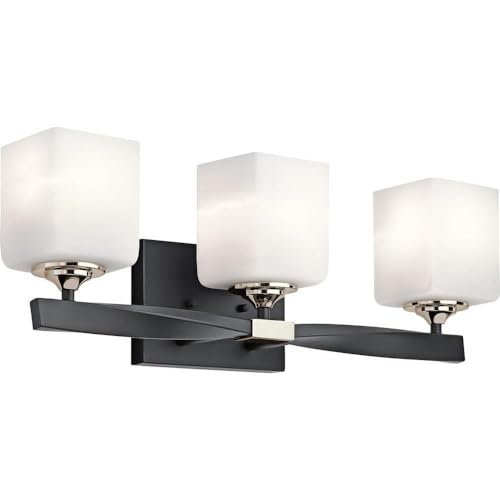 Image of Kichler Marette 22.75 inch Vanity Light in Black, 3-Light Modern Bathroom Light with Satin Etched Cased Opal Glass, (22.75 inch W x 8 inch H), 55002BK