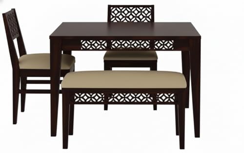 Image of RECTART Solid Wood Dining Table Set with Chairs for Living Room Home | Wooden Dining Room Sets Furniture for Hotels and Restaurants | (Walnut CNC, 4 Seater with Bench)