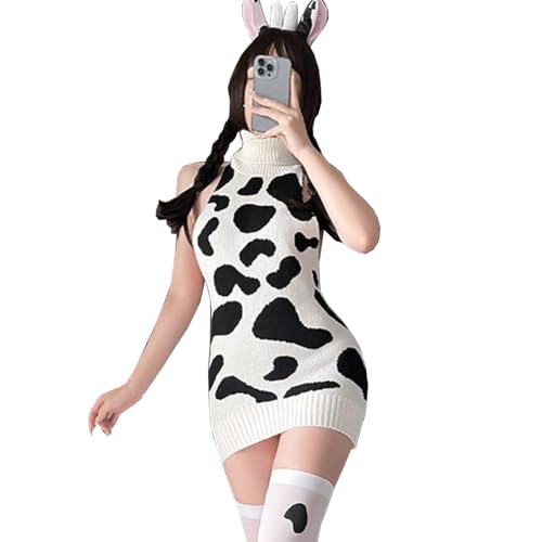 CHILIRIA Virgin Killer Pullover sexy Kuh-Dessous-Set Rollkragen rückenfreies Kleid mit Kuh-Print Halloween Kostüm mit Stirnband und Strumpf